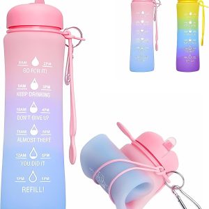 Collapsible 20oz Leakproof Foldable Silicone Water Bottle, Time Marker, Portable for Travel, Sports & Outdoors (Pink)