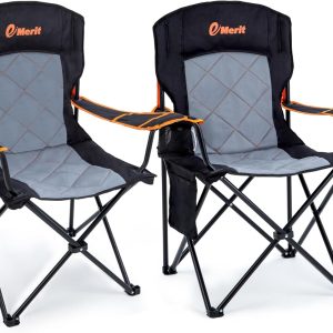 EMERIT 2 Pack Oversized Padded Camping Chair, 350LB Heavy Duty Quad Fold Chair with Arms, Collapsible Outdoor Chairs with Lumbar Back & Cup Holder